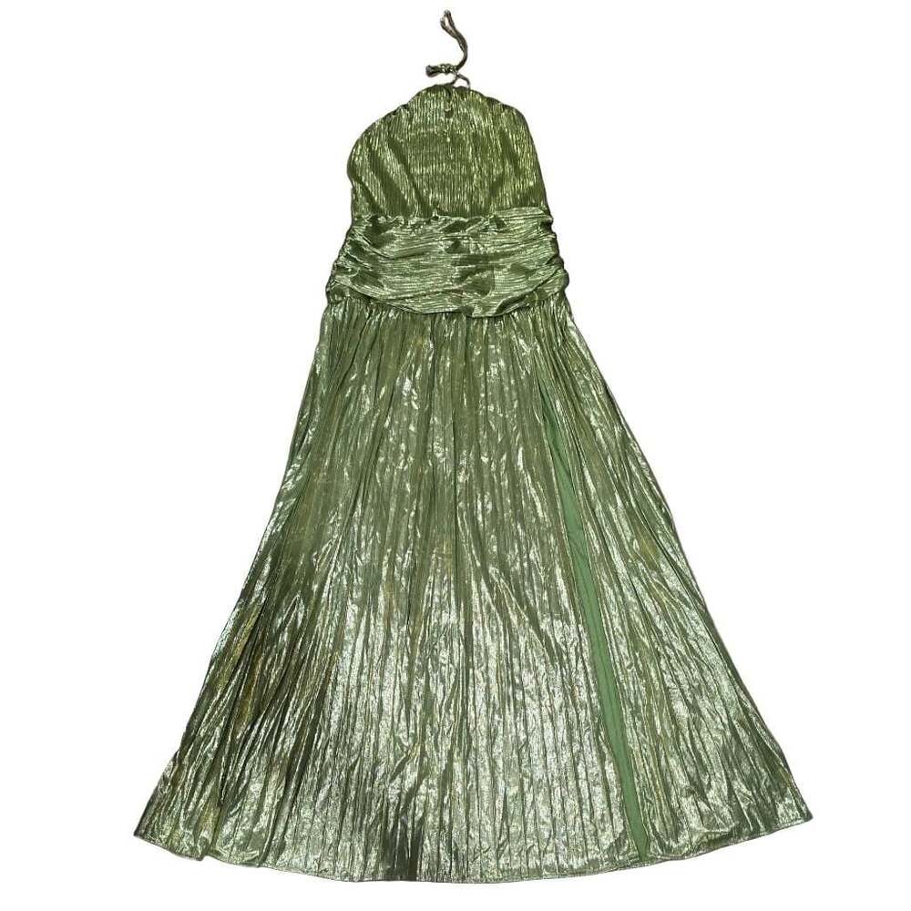 Metallic Green Pleated Halter Maxi Dress with Side Slit